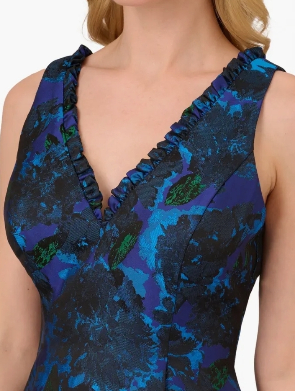 Adrianna Papell Blue and Black Floral Jacquard Dress